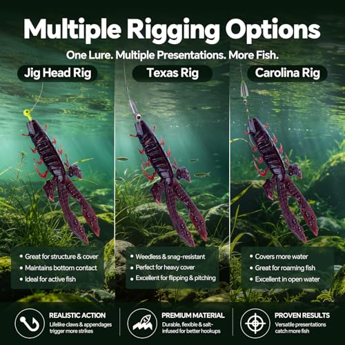 Crawfish Lure 5.5", Soft Plastic Crawdad Creature Bait with Rattles, Weedless Bass Fishing Lure, Realistic Fishing Lures for Freshwater & Saltwater, 3 Pack Red Green Blue - color: Red (box)