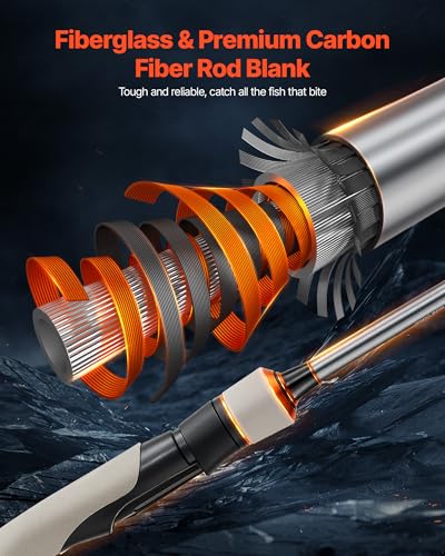 VEVOR Rod and Fishing Reel Combo, IM6 Fiberglass & Carbon Fiber Spinning Rod and Reel Combo, Bass Fishing Pole with 6.5 ft Two-Piece Rods, 6+1 Ball Bearings, Stainless Steel Guides with Ceramic Rings