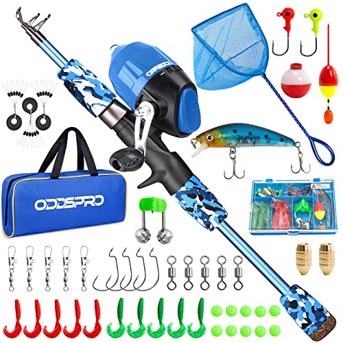 ODDSPRO Kids Fishing Pole - Portable Telescopic Kids Fishing Rod and Reel Combo Kit - with Spincast Fishing Reel Tackle Box for Girls, Youth - color: Blue+Net, size: 3.94 ft