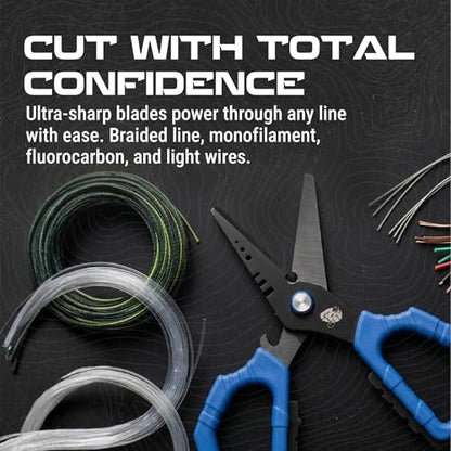 Reaction Tackle Fishing Line Scissors, 6.5 Inch Heavy Duty Braid Shears with Serrated Stainless Steel Blades, Multi-Tool with Sheath, Cuts Braid, Mono, Fluoro and Wire