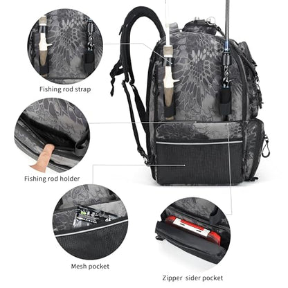 Rabjen Fishing Tackle Backpack, 45L Storage Waterproof Travel Bag Store Fishing Gear with Insulated Top Pocket