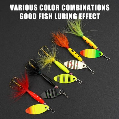 Spinner Baits Bass Lures Rooster Feather Tail Fishing Lures Trout Lures Hard Metal Inline Spinnerbaits for Bass Trout Pike Walleye Salmon with Tackle Box - style: B-5pcs-3"-0.27oz