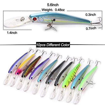 Bass Fishing Lures Kit, Minnow CrankBait VIB Pencil Popper Sinking Wobbler Hard Bait Lures for Bass Trout Walleye Redfish Freshwater Saltwater - color: Combo A-10pcs (5.6" with lip)