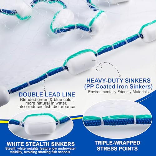 Goture American Fishing Cast Net Saltwater Freshwater,3/8in Mesh Size Casting Net for Bait Fish Shrimp Trap,Heavy Duty Plastic Coated Iron Protected White Sinker,Throw Cast Net with Needle - color: A1:Cast Net with Needle, size: 12FT Radius