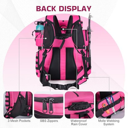 Goture Fishing Backpack with Cooler, 66L 600D Tackle Backpack with 3 Rod Holders, Helmet Holder, Rain Cover, Saltwater Large Fishing Bag for Camping Hiking, Gear Storage Bag, Gifts for Men - color: B1:pink(without Tackle Box)