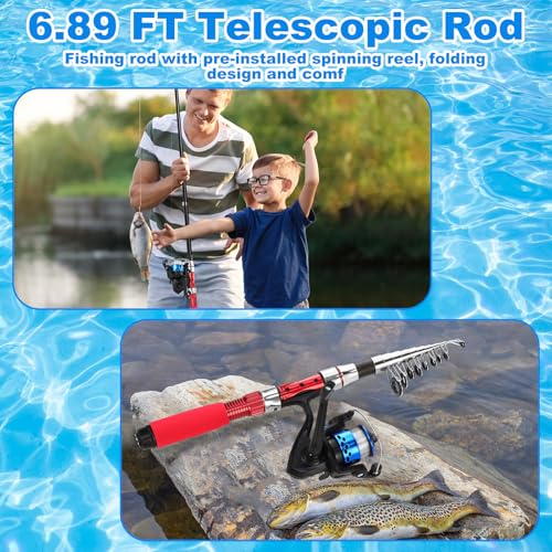 51 Pcs Fishing Rods Combo 6.89ft Telescopic Freshwater Pole Set with Plier Lip Gripper Lures Carrier Bag Pre Loaded Spinning Reel with Freshwater Rod Reel Kit Father Men Gift - color: Red