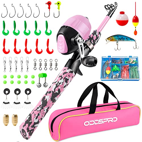 ODDSPRO Kids Fishing Pole - Portable Telescopic Kids Fishing Rod and Reel Combo Kit - with Spincast Fishing Reel Tackle Box for Girls, Youth - color: Camo Pink, size: 4.92 ft