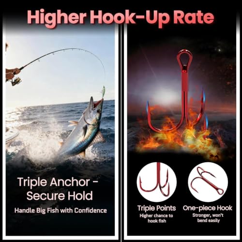 FishTrip 25/50/200pcs Treble Hooks Red, Replacement Hooks for Hard Lures | High Carbon Steel, Ultra Barbed Sharp Triple Fishing Hooks for Saltwater Freshwater, Fish Hook for Bass Trout Size 14-4/0 - size: 8#_25pcs