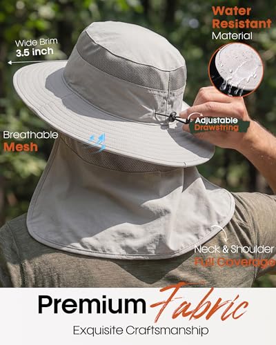 FURTALK Sun Hats for Men Women Fishing Hat with Neck Flap UPF 80+ Breathable Wide Brim Hiking Safari Summer Bucket Hats - color: Light Grey