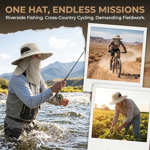 Fishing Hat for Men, UPF 50+ Removable Sun Protection Cap with Face Neck Flap, Hiking & Garden Summer Sun Hat for Women (US, Alpha, One Size, Khaki)