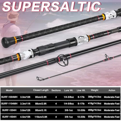 Sougayilang Surf Fishing Rod Portable Travel MH/H Surf Spinning Rod 4 Piece Carbon Fiber Saltwater Fishing Rod 10'/11'/12'/15' - color: gray, size: 10ft-Spinning-4Pc-MH