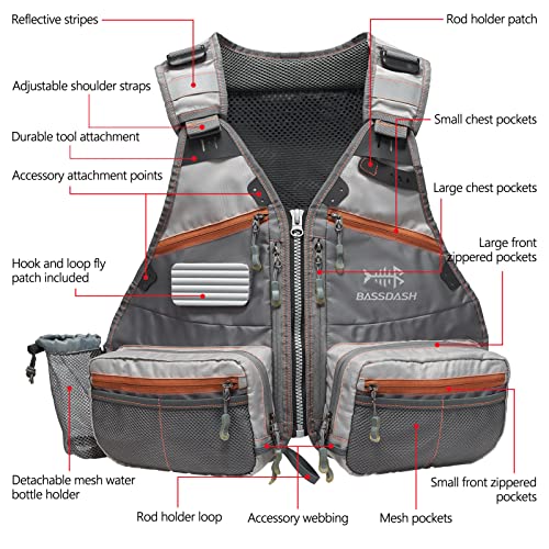 BASSDASH Fly Fishing Vest Adjustable Size with Detachable Water Bottle Holder for Men and Women FV07 - color: Men’s Size - Grey/Chocolate
