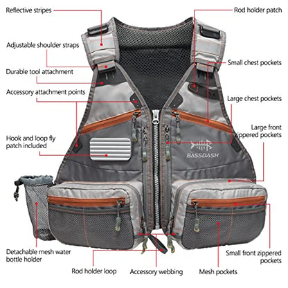 BASSDASH Fly Fishing Vest Adjustable Size with Detachable Water Bottle Holder for Men and Women FV07 - color: Men’s Size - Grey/Chocolate