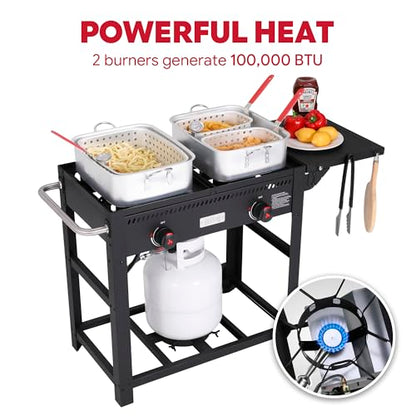 Feasto Outdoor Propane Deep Fryer with Movable Cart, 36 QT 2-Burner Stove | 100,000 BTU Total, 2 x 18QT Aluminum Pots, 1 x 18QT Basket & 2 x 9QT Frying Baskets, Portable Fryer for Fish, Fries & Chicken - size: 36 qt