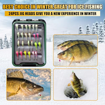 Ice Fishing Lures Kit, 24pcs Micro Bright Jig Heads for Panfish, Crappie, Walleye, Perch, Trout, Bluegill Ice Fishing Hooks Set with Waterproof Tackle Box