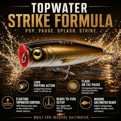 Topwater Popper Fishing Lure, 4in 0.81oz ABS Floating Saltwater Bait with BKK 3X #4 Treble Hooks, Foil-Stamped Finish for Inshore Striped Bass Redfish Snook Tarpon - color: A1-1PCS/0.81OZ-4"