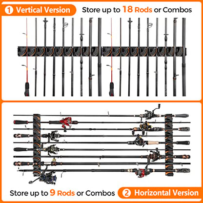 PLUSINNO V9 Vertical Fishing Rod Holders, 2 Packs Wall Mounted Fishing Pole Holders, Fishing Rod Racks Hold Up to 18 Rods or Combos, Fishing Pole Holders for Garage, Fishing Gear and Gifts for Men - style: Orange 2-pack (store 18 combos)