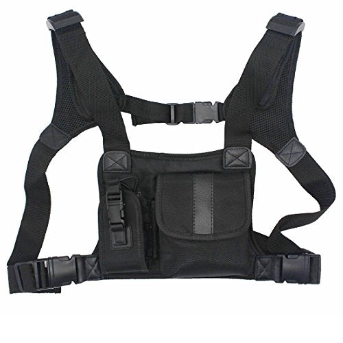 Universal radio harness chest Rig Bag Pocket Pack Holster Vest for Two Way Radio (Rescue Essentials) (Leather Black) - color: Leather Black