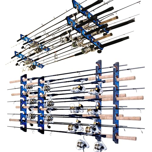 Rush Creek Creations Ceiling Rod Holder for 8 Fishing Poles - Garage Organization and Wall Storage for Reels, Gear, and Accessories - Horizontal Rack - color: Blue, style: 2 Pack