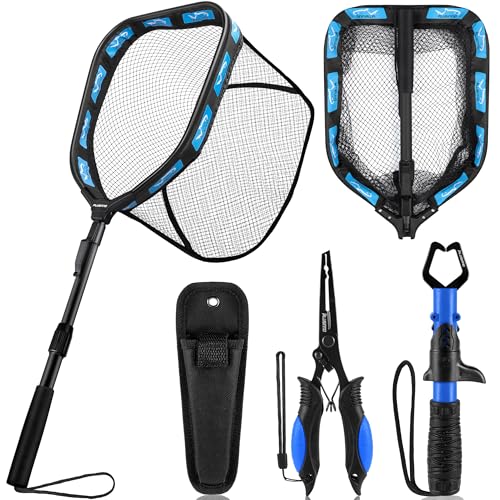 PLUSINNO Floating Fishing Net for Steelhead, Salmon, Fly, Kayak, Catfish, Bass, Trout Fishing, Rubber Coated Foldable Landing Net with Fixed or Telescoping Pole Handle, Fishing Gear and Gifts for Men - color: 11.8"/30cm Hoop Size 1.0M Blue (Telescopic Pol