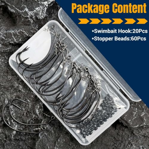 EWG Swimbait Hooks with Screw Lock, 20Pcs Bass Hooks 1/0-6/0 | Wide Gap Weedless Hooks for Bass Fishing, Bait Stopper Beads for DIY Riggings, Sharp Soft Plastic Worm Hooks - size: 1/0-20Pcs