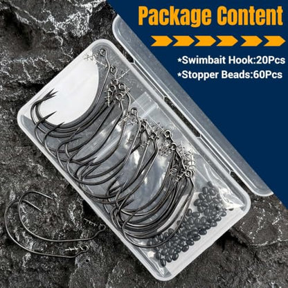 EWG Swimbait Hooks with Screw Lock, 20Pcs Bass Hooks 1/0-6/0 | Wide Gap Weedless Hooks for Bass Fishing, Bait Stopper Beads for DIY Riggings, Sharp Soft Plastic Worm Hooks - size: 1/0-20Pcs