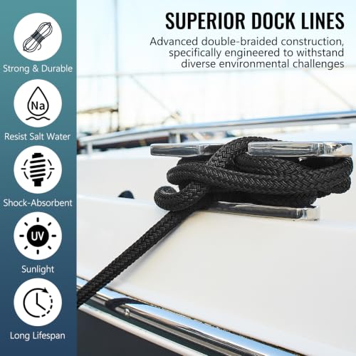 2 Pack 5/8" x 15' Boat Dock Lines, Improved Double Braided Nylon Boat Ropes for Docking with 15" Loop, Hurricane-Resistant Grade Marine Rope for Sailboats,Pontoons,Fishing Boats, Black - size: 5/8" x 15' (Pack of 2)