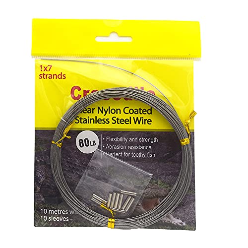 5LB-280LB 7 Strands Stainless Steel Wire Leader Nylon Coated-32.8ft Fishing Leader with 10pcs Crimp Sleeves - color: Silver, size: 60LB