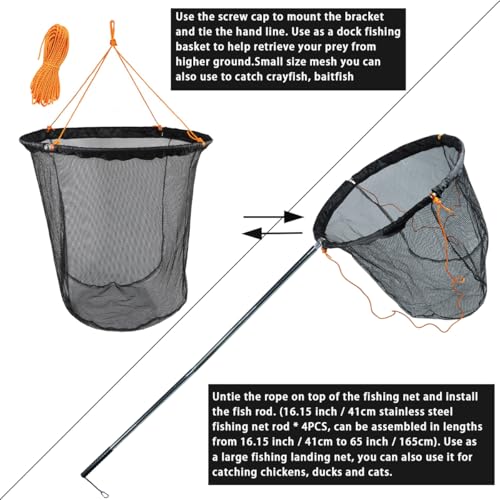 Drasry Large Collapsible Bridge Pier Fishing Net Landing Net with Rod, High Load Aluminum Ring Drop Net for Saltwater and Freshwater Pier Fishing Basket with 49.2 ft. Rope - color: Black, size: 23.6 x 23.6 x 27.5", style: Small Size Mesh