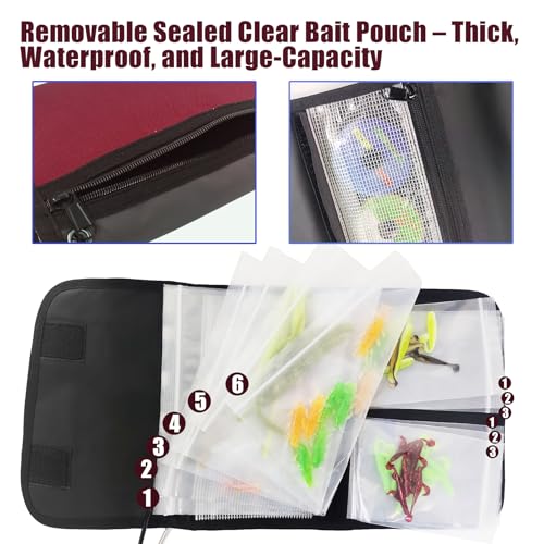Aventik Fishing Tackle Organizer Case Soft Bait Binder Plastic Baits and Tackle Organized Removable Storage Pockets (L:Dark Red) - color: L:Dark Red