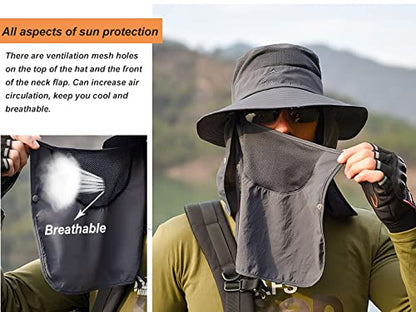 Mens Sun Hat with Neck Flap Quick Dry UV Protection Caps Wide Brim Fishing Hat Summer Beach Hat Outdoor Hiking Hat UPF 50+