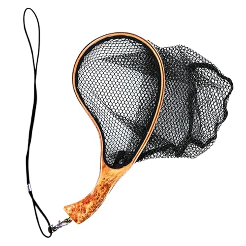 Fishing Landing Net Wooden Handle Black Mesh Catch-Release | Trout Net for Fishpond Bass Fishing