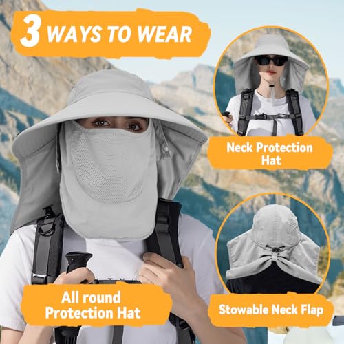 Sun Hats for Men Women Detachable Face Cover Wide Brim Fishing Hats with Neck Flap UPF 50+ Outdoor Safari Hats - color: Light Grey