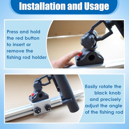 3 Pole Fishing Rod Holder with Aluminum 90° Boat Track Bracket Base 360° Rotating, Deck/Side Mount Rod Holder for Versatrack System/Ranger Track System