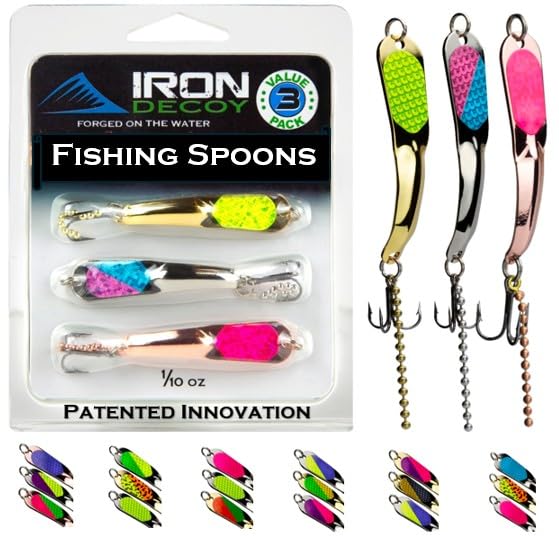 IRON DECOY Spoon Fishing Lures 3-Pack, Multi-Species Metal Spoons for Trout, Walleye, Bass, Salmon, Pike, Ice Fishing & Trolling, Vibrating Spoon Lure Kit - color: Trout, 1/10 oz