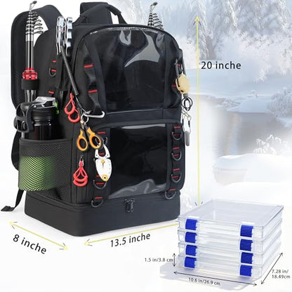 Fishing Tackle Backpack with 4 Tackle Boxes,45L Large Tackle Bag with 2 Rod Holders & Clear Window,Outdoor Fishing Backpack for Fishing,Camping,Hiking,Black - color: Black(with 4 Tackle Boxes)