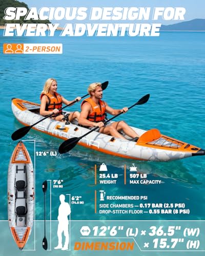 2 Person Inflatable Kayak Tandem Fishing Kayak for Adults, Portable Touring Kayak Canoe with Dual Floats, Drop-Stitch Floor and Fish Measuring Ruler, 12.5 FT - style: Rod Holder Included