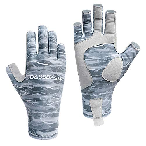 Bassdash ALTIMATE UPF 50+ Sun Protection Fingerless Fishing Gloves Men - color: Grey Camo, size: X-Large
