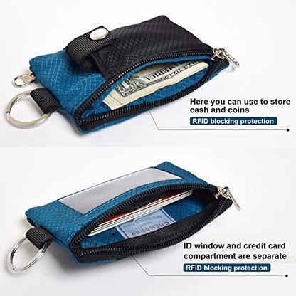 CHENSPRX Minimalist RFID Blocking Small Wallet with ID Window,WaterResistant Zip Id Case Wallet with Lanyard Keychain for Cards,Cash,Travel,Women,Men - color: Black+ElectricBlue