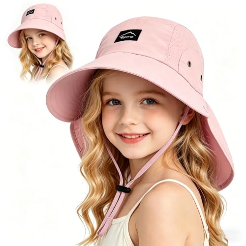Kids Sun Hat with Detachable Neck Flap for Boys & Girls Wide Brim Fishing Hat for Kids Water Resistant UV Protection - color: 1 Pack-light Pink