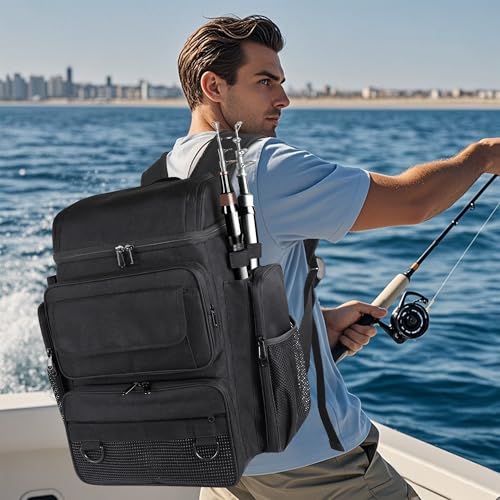 Fishing Tackle Backpack With Rod Holders, 45L Large Tackle Bag & Fishing Tackle Backpack for Fishing, Camping, Hiking,Black - color: Black
