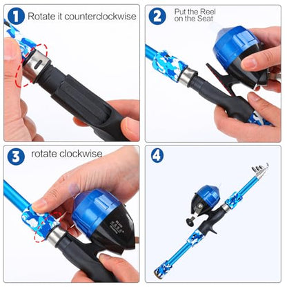 Collapsible Telescopic Fishing Rod and Reel Combo Push Button Small Fishing Pole Kit Beginner Youth Boys Fishing Starter Set Tackle - color: Camo Blue, size: 4.92FT