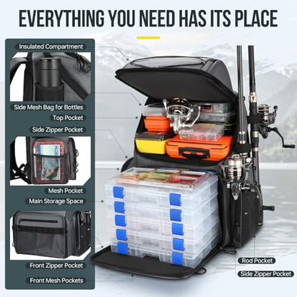 PLUSINNO Cooler Fishing Backpack with Rod Holders 45L Large Water-resistant Fishing Tackle bag Store Fishing Gear Fishing Gifts for Men Father - color: Grey jacquard with box