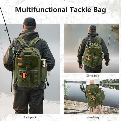 BASSDASH Convertible Fishing Backpack Sling Bag with Rod Holder, Adjustable Tactical Water-Resistant Tackle Storage Pack FP07 - color: Army Green, size: Large