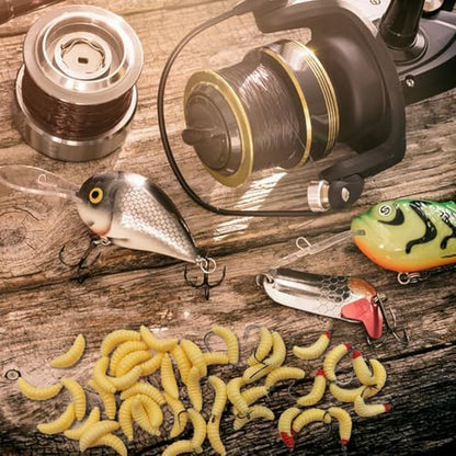 Rubber Maggots Fishing Bait, 20 Pcs Fishing Baits with Hooks + 30 Pcs Soft Maggot Bait Bread Worm, Fish Lures Worms Bulk FishGrubs for Trout, Crappie, Pan Fish, Bluegill, 50 Pack