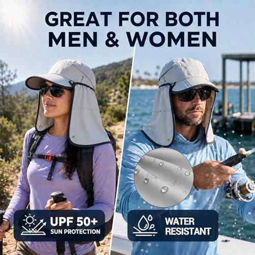 Palmyth Fishing Sun Hat with Detachable Neck Flap UPF 50+ Baseball Cap | Convertible Ventilation Panel, Sunglass Lock, Water Resistant, Foldable, Ventilation Holes, 3 Ways to Wear, Men & Women - color: Light Grey