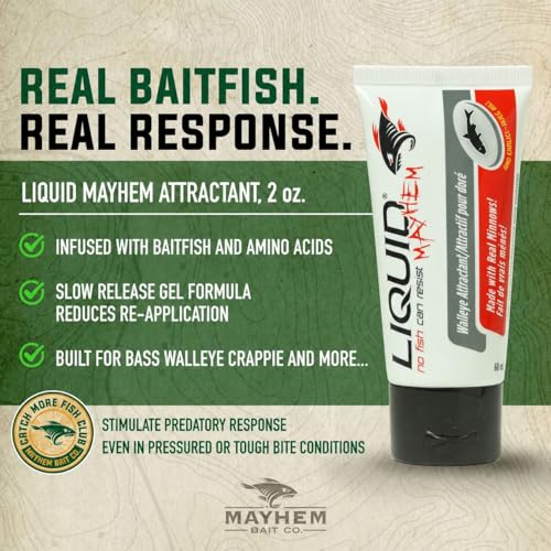 Liquid Mayhem Walleye Fish Attractant Gel 60 ml / 2 oz · 60 Uses – Real Anchovy Bait & Aminos | UV-Enhanced Long-Lasting Gel – All Lure Types - size: 2-Pack