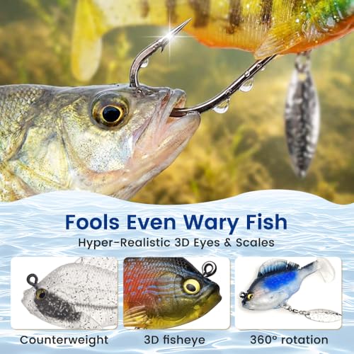Paddle Tail Swimbaits Fishing Lures, Pre-Rigged Soft Bait with Spinner Blades & 3D Eyes, Weedless Hidden Hook for Bass Trout, Freshwater Saltwater Gear - color: A