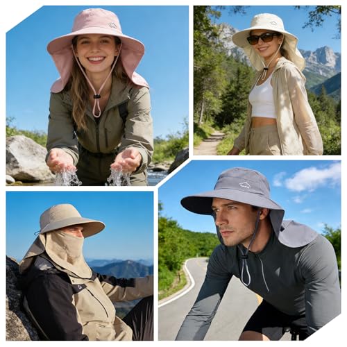 Rosoz Sun Hat for Men Women with Neck Flap,Wide Brim UPF50+ Fishing Hat with Detachable Face Cover Outdoor Sun Protection Hat - color: 1pack-green/Arm Sleeves