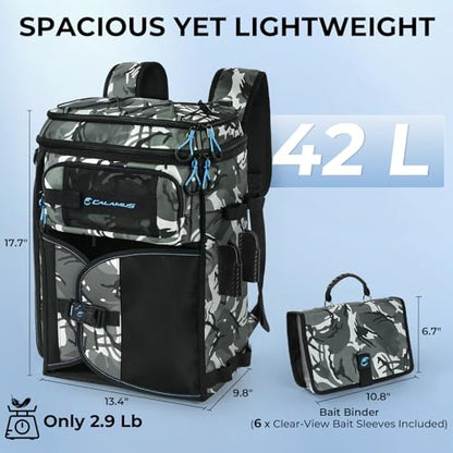 Calamus GearMaster Tackle Backpack with Bait Binder, Large Lightweight Water-Resistant Fishing Bag, Rod Holders, Food Storage - color: Black Camo